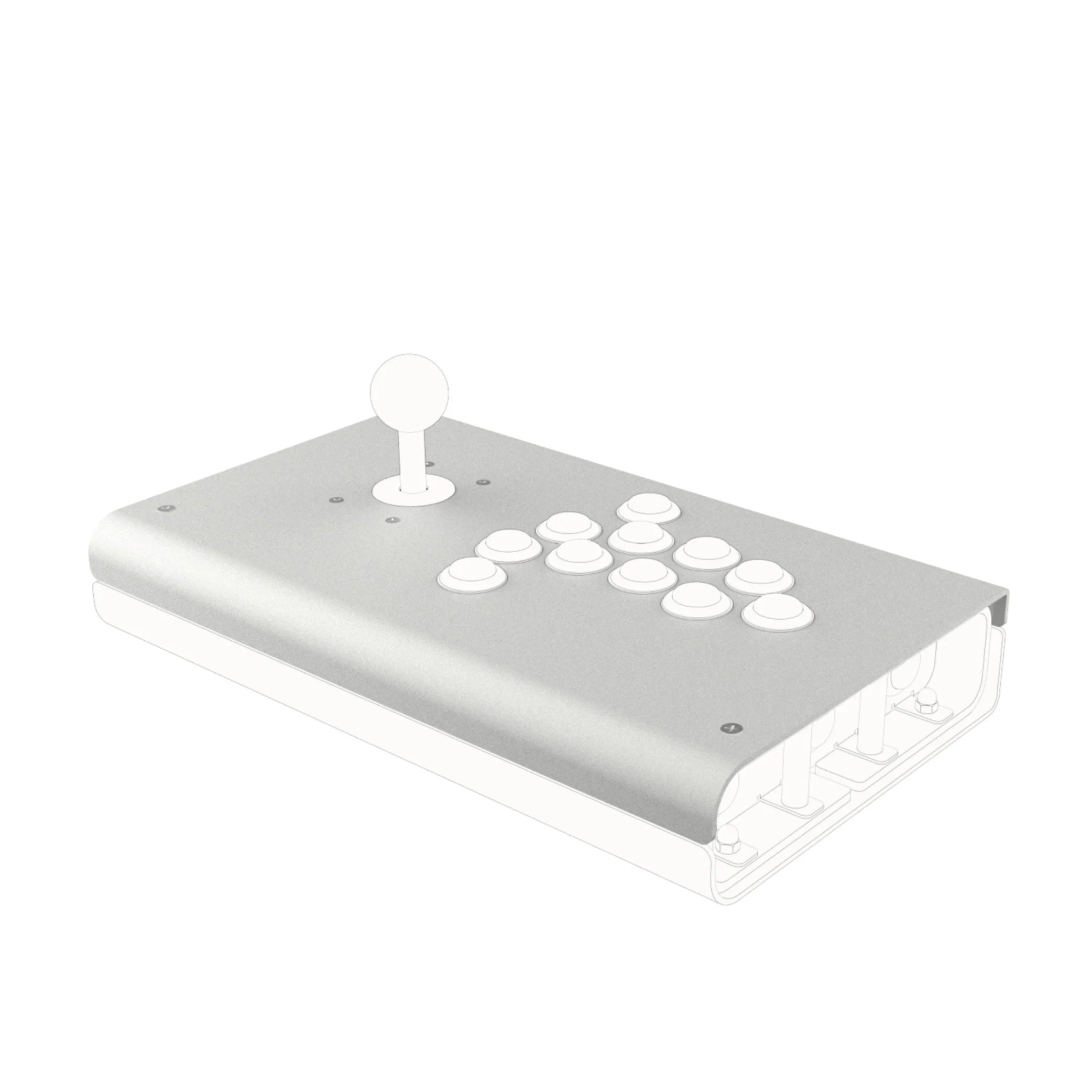 Silver anodized iO machined aluminum top panel shown installed on a fightstick chassis with joystick and button cutouts.