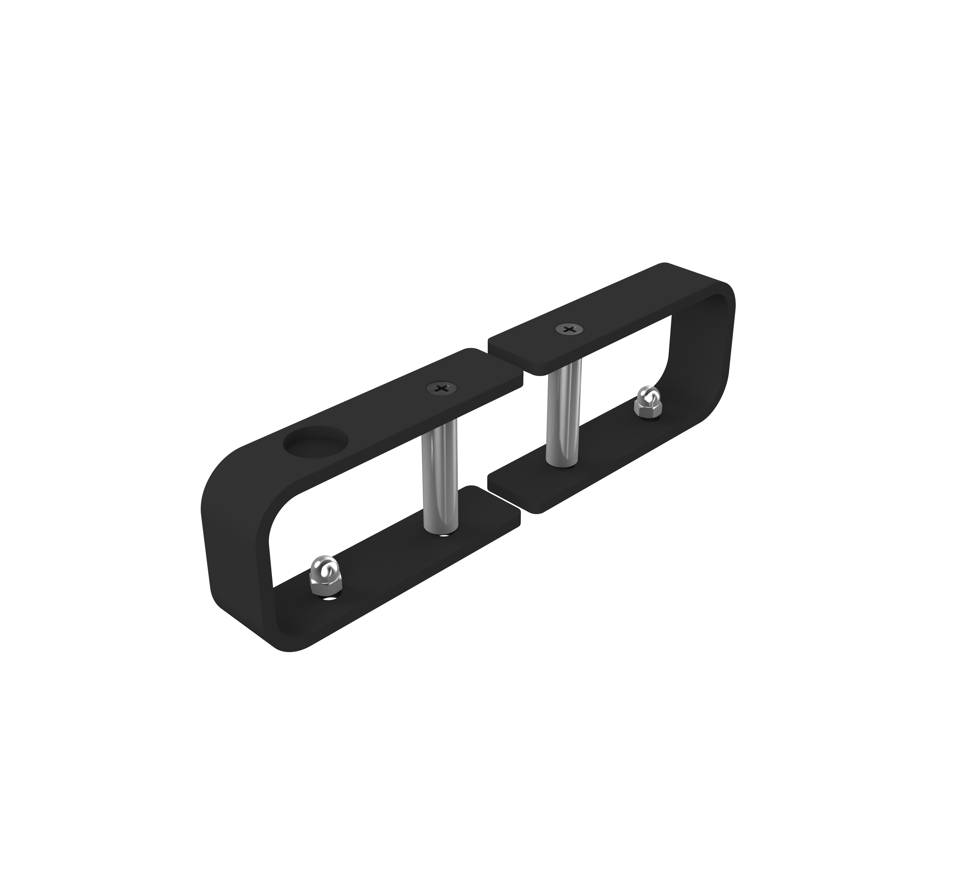 iO U Frame & Pillar (steel) shown as a black U-shaped frame with two vertical steel pillars and mounting screws on a black background.