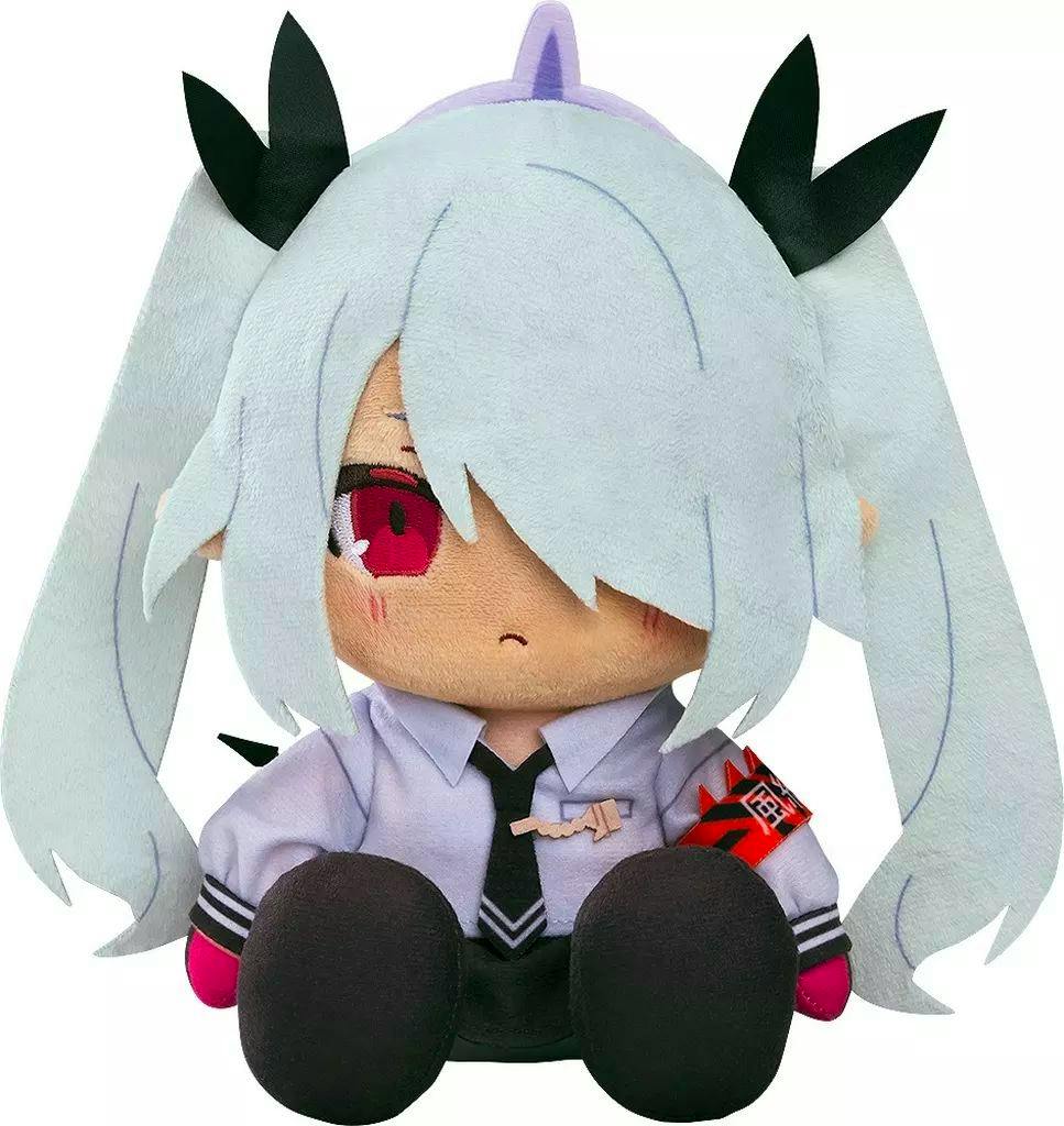 Front-facing Iori choco-puni plush from Blue Archive with pale twin-tailed hair and red eyes.