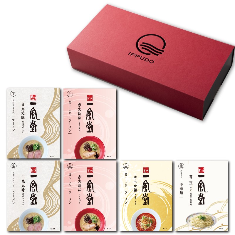 A red IPPUDO gift box with several individually boxed instant ramen packages displayed beside it.