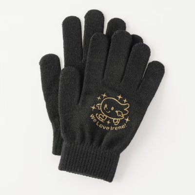 A pair of black acrylic gloves shown flat with a gold printed cartoon face and the text "We Love Irene" on the back.