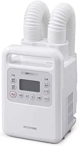 Front view of a white Iris Ohyama electric futon dryer with two flexible hoses and a digital control panel.