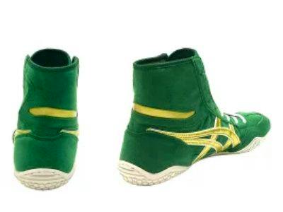Green leather boots shown from side and rear views on a white background.