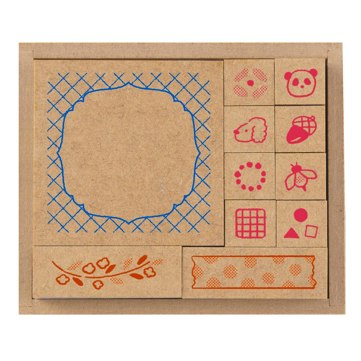 Top-down photo of the wooden stamp set in its box showing multiple small wooden stamps with decorative patterns.