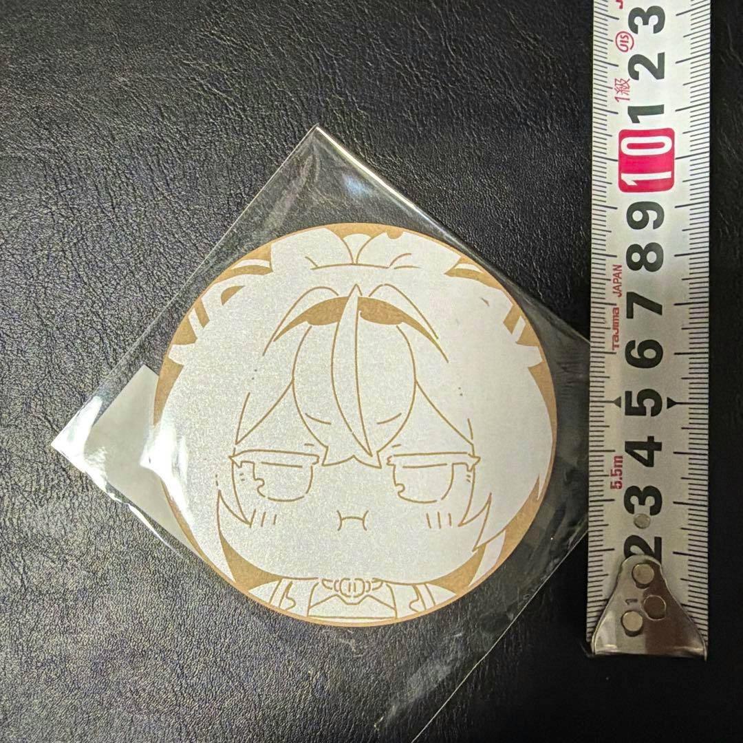 Round coaster (風真いろは コースター) in plastic packaging showing a chibi-style face illustration with a measuring tape beside it.