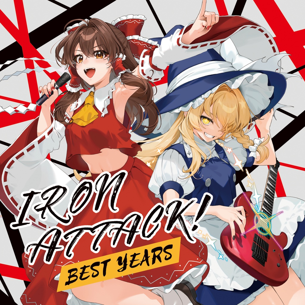Album cover illustration showing two anime-style characters, one holding a microphone and one holding an electric guitar, with the text "IRON ATTACK! BEST YEARS".