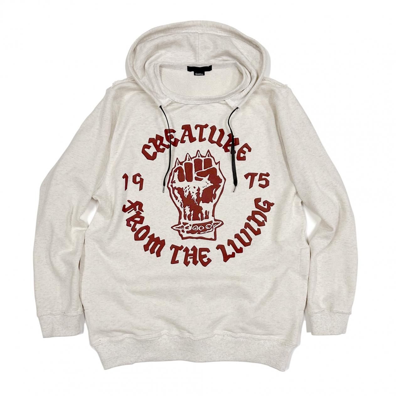 Front view of an IRON FIST 1975 cotton hoodie laid flat showing the hood and red fist graphic on the chest.