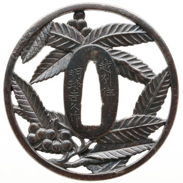 An iron decoration showing a round carved medallion with leaves and a central oval opening.