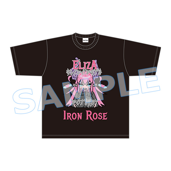 Flat mockup of a black men's T-shirt showing the "Iron Rose" jacket illustration with a visible "SAMPLE" watermark.