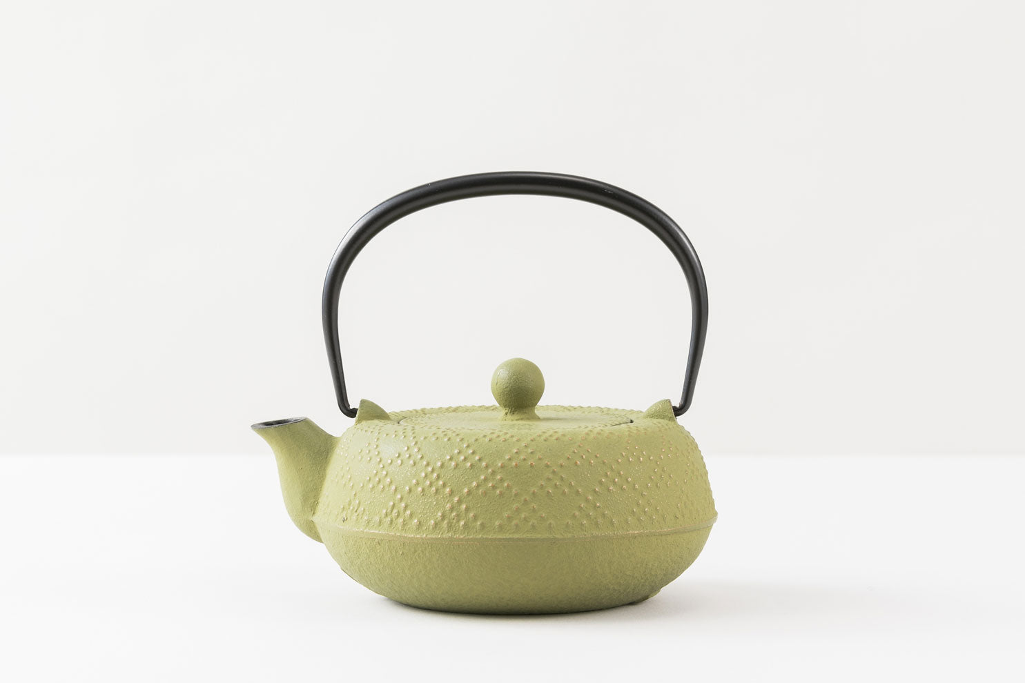 A light green cast iron teapot with a black handle shown on a white background.