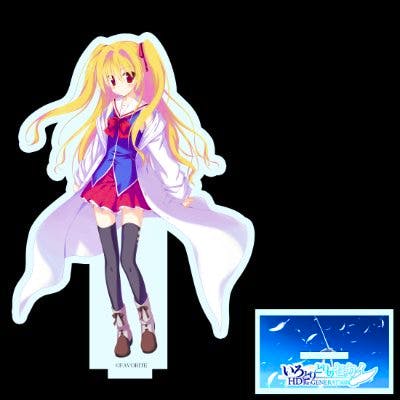 Photo of the large acrylic decorative stand showing the character artwork and its rectangular base plate on a black background.