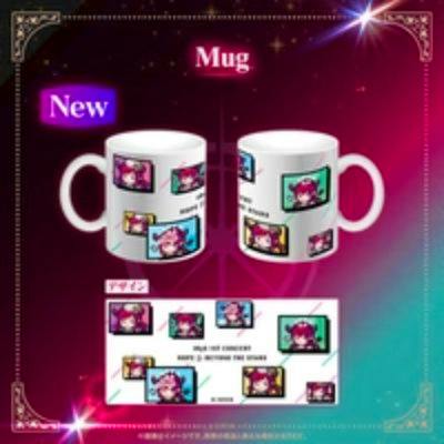 Mockup showing two views and a flat wrap of the IRyS concert mug's printed design.