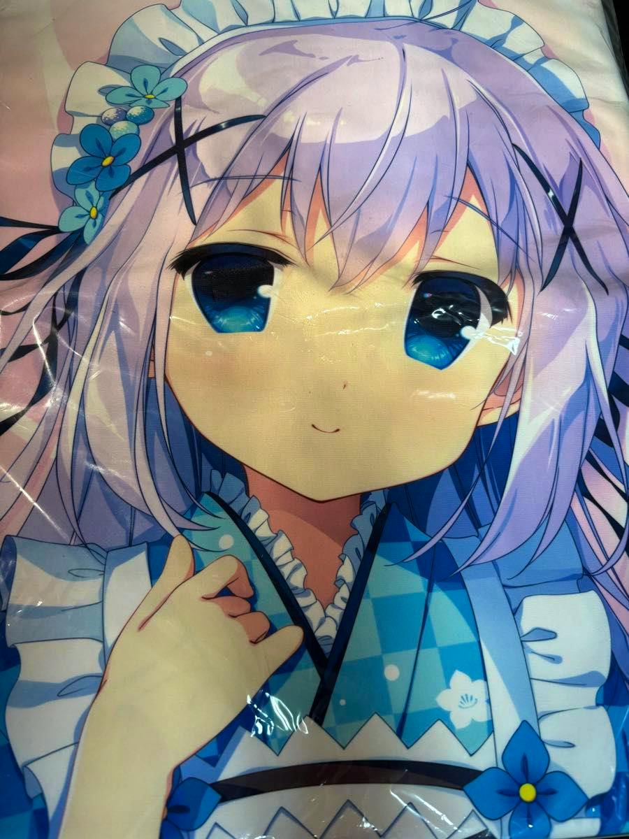Front of a polyester dakimakura pillow cover showing Chino from ご注文はうさぎですか, a close-up of her face and upper torso in a blue maid outfit.