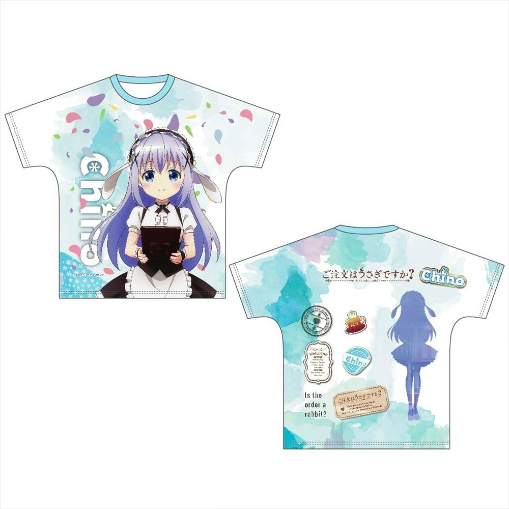 Front and back mockup of the full-graphic T-shirt showing Chino from "Is the Order a Rabbit?" with a watercolor background.