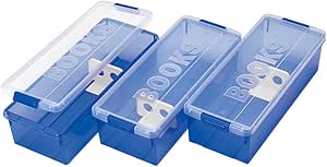 Three blue plastic comic book storage cases with translucent lids arranged side by side.