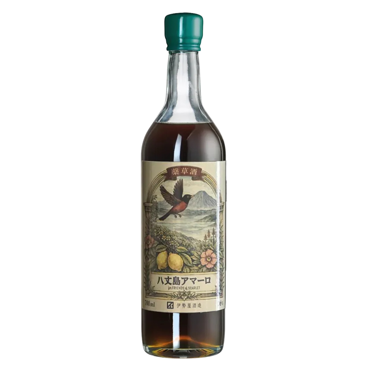 Photograph of a bottle of 伊勢屋酒造 スカーレット 八丈島アマーロ Batch02 showing its label and dark liquid on a white background.