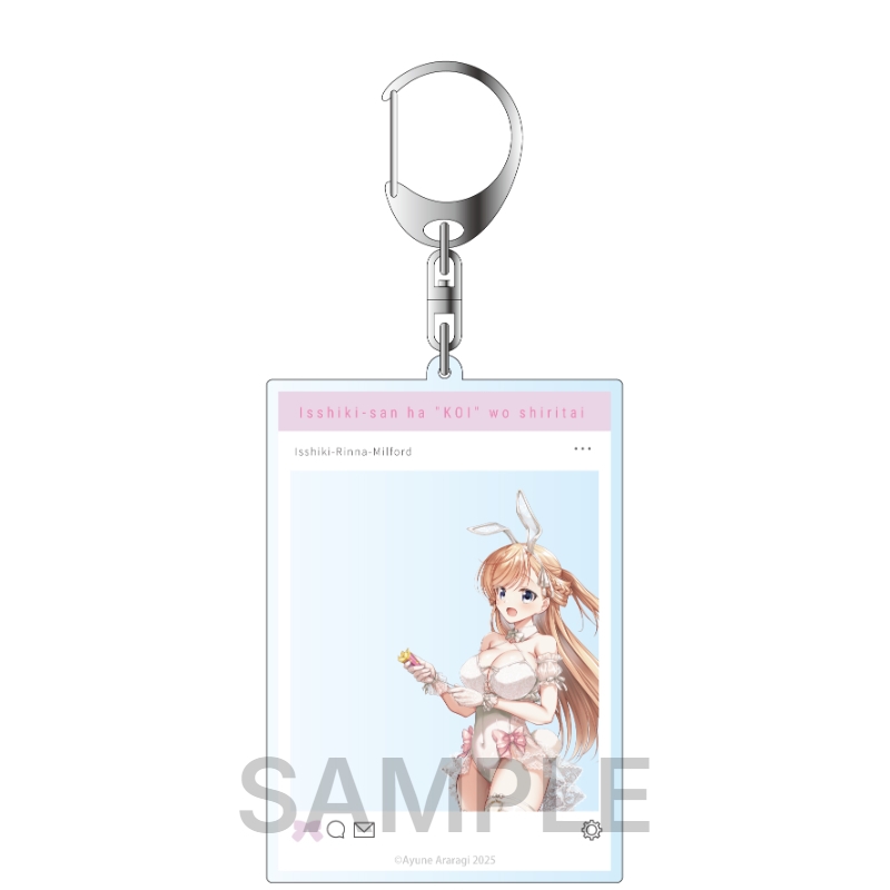 A rectangular SNS-style acrylic keychain with metal ring showing the character Isshiki Rinna Milford in a bunny outfit, with a SAMPLE watermark.