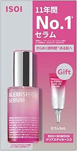 Product box showing ISOI Blemish Care Up Serum pink bottle alongside a small gift tube.