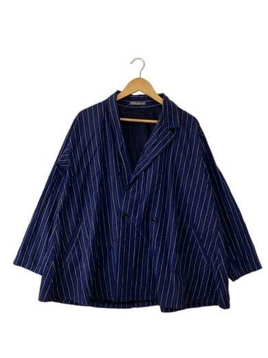 Front view of an ISSEY MIYAKE navy striped men's cotton jacket on a hanger.