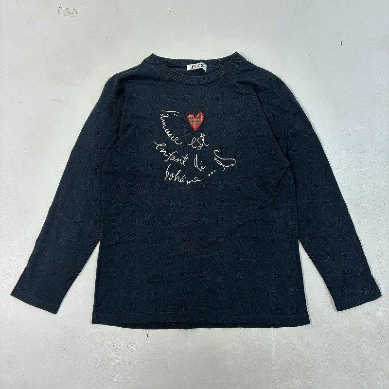 Flat-lay black men's long-sleeve cotton t-shirt with a red heart and white handwritten-style script print on the front.