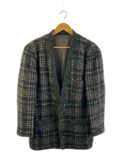 Front view of an ISSEY MIYAKE men's wool jacket hanging on a wooden hanger against a white background.