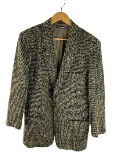 Front view of a gray tweed ISSEY MIYAKE MEN wool tailored (2-button) jacket hanging on a wooden hanger.