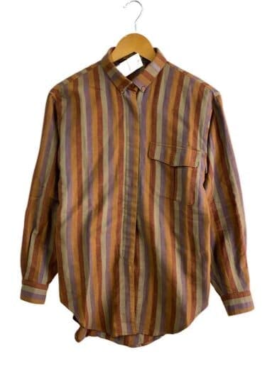 Front view of a long-sleeve striped brown cotton men's shirt on a hanger.