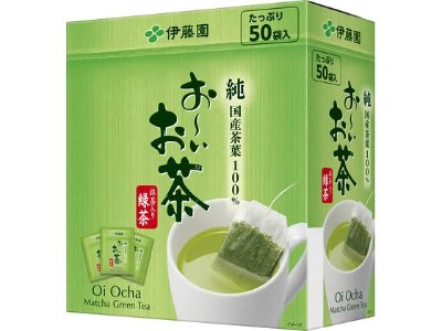 Box of Ito En "Oi Ocha" green tea (50 tea bags) shown next to a cup with a steeping tea bag.