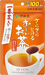 Front of the Itoen Oi Ocha hojicha powder zipper bag packaging showing a cup of brewed tea and a spoonful of powder.