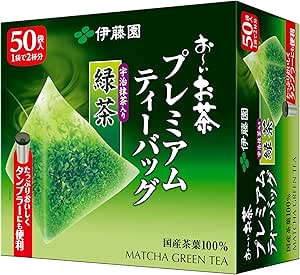 Box of Ito En Oi Ocha Premium matcha green tea tea bags showing packaging for 50 tea bags.