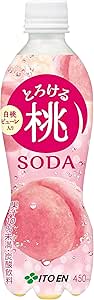 Front view of an Itoen Melting Peach Soda 450 ml bottle with a pink label showing a peach.