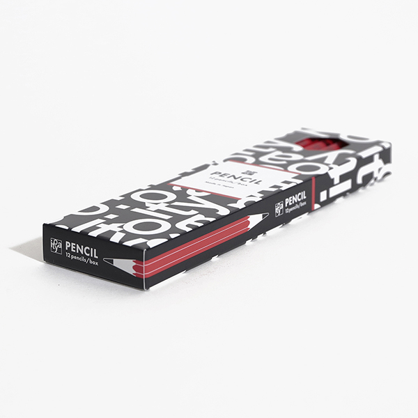 Angled photo of a boxed set of 12 red hexagonal pencils in black-and-white patterned packaging.