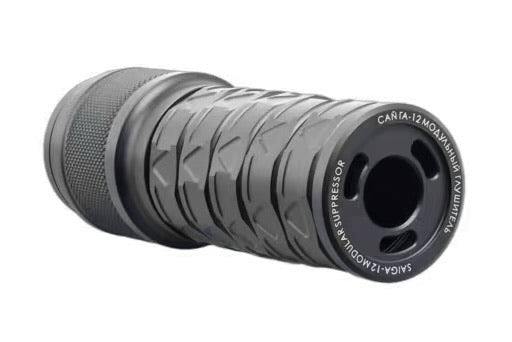 ITP modular mock barrel extension tracer unit for Marui TM SAIGA 12 GBB shotgun series, shown alone as a dark cylindrical textured suppressor photographed at an angle.