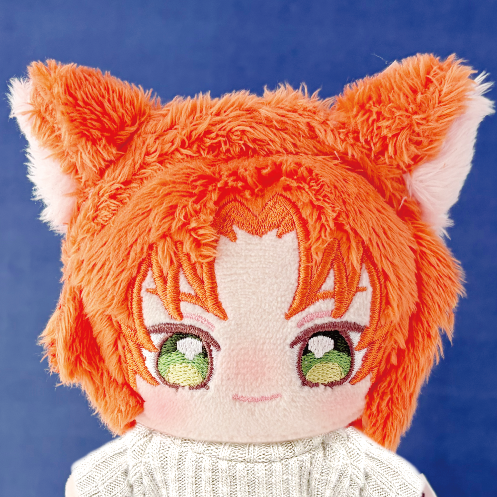 Plush doll head wearing an orange cat-ear headband from the いつぬいおきがえシリーズ (Knights).