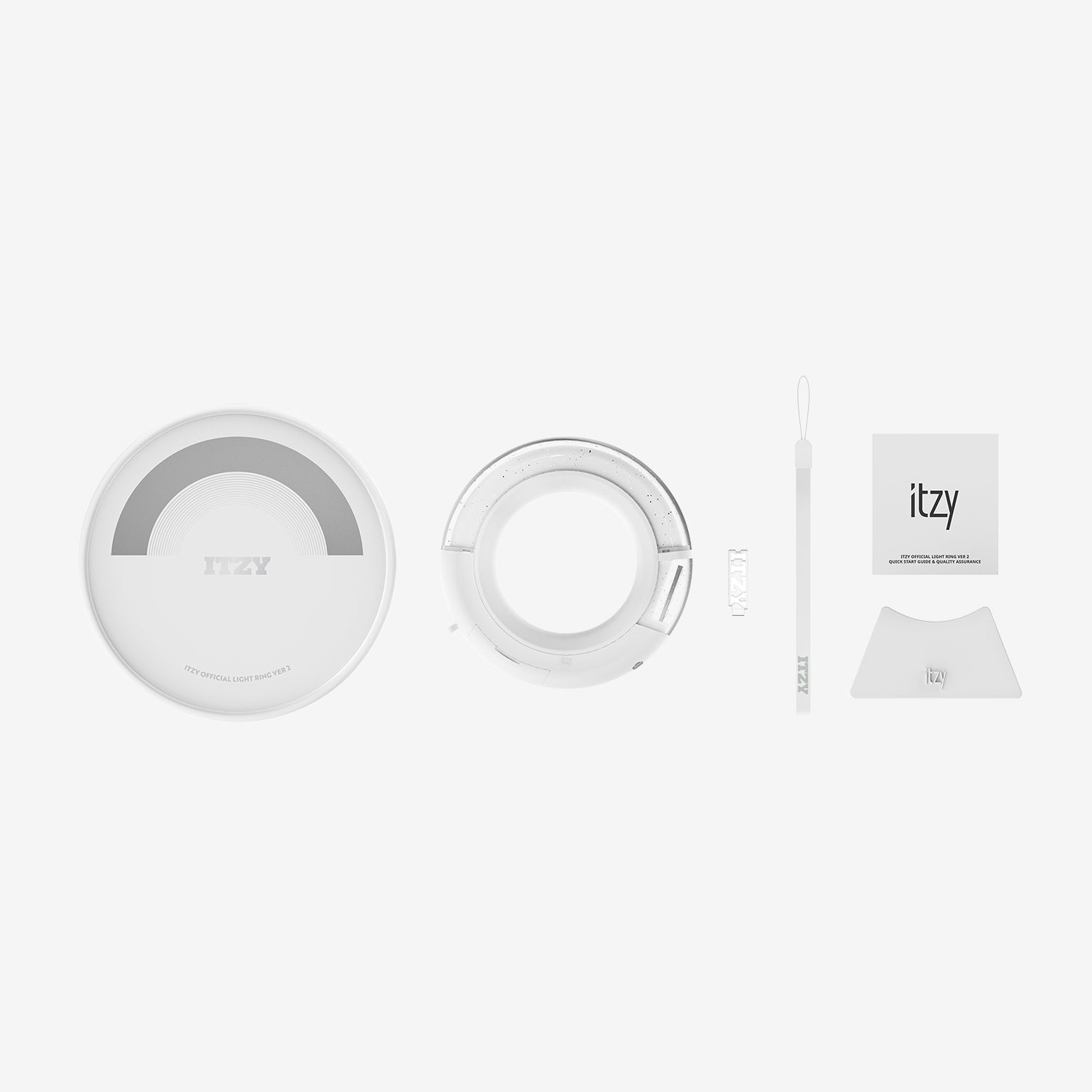 White ITZY handheld light ring (Ver. 2) and its included accessories displayed on a white background.