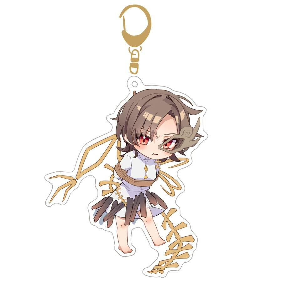 Acrylic keychain featuring a chibi illustration of a brown-haired character with red eyes and a gold clasp.