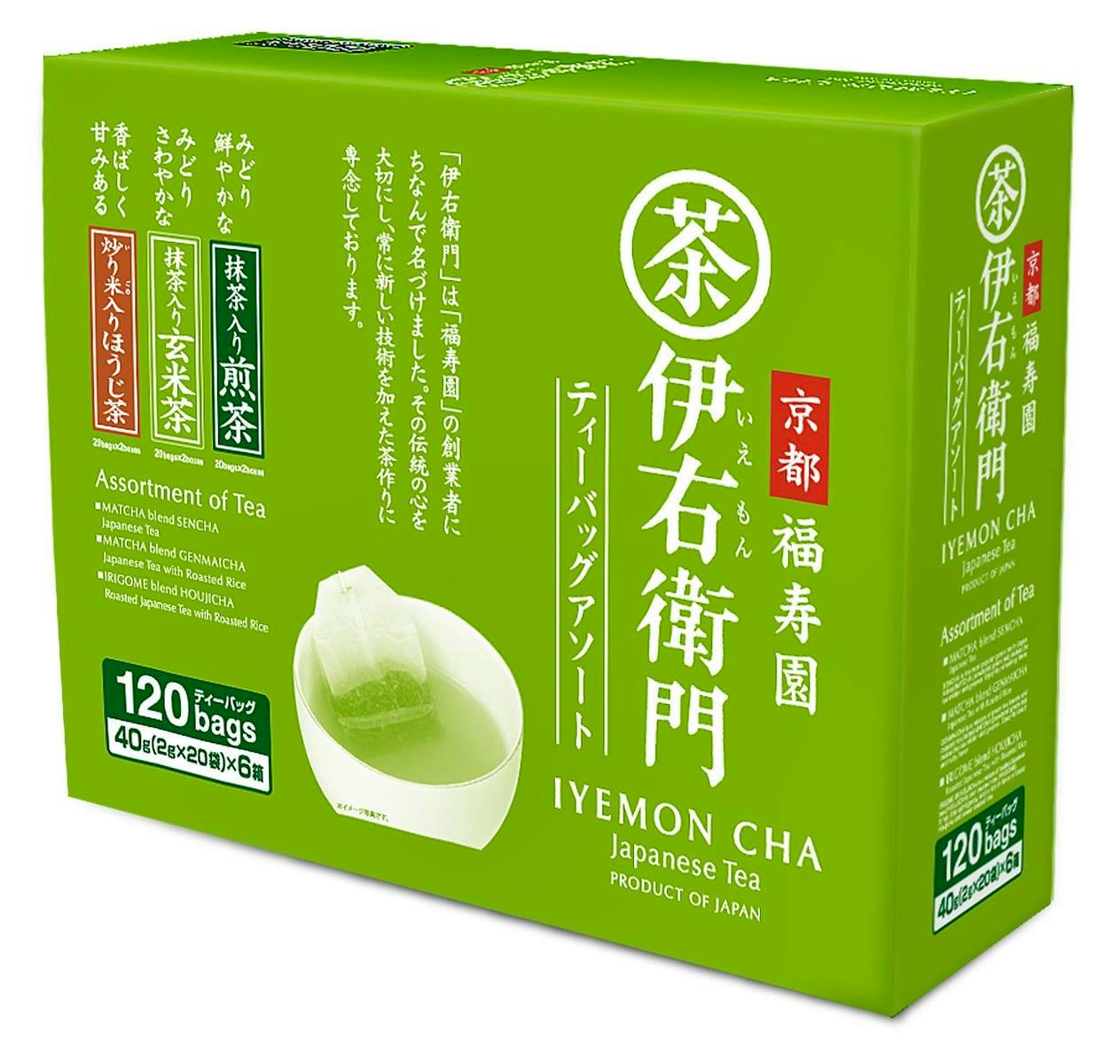 Green rectangular box of IYEMON CHA Japanese tea assortment packaging showing a '120 bags' label and a tea bag steeping in a cup.