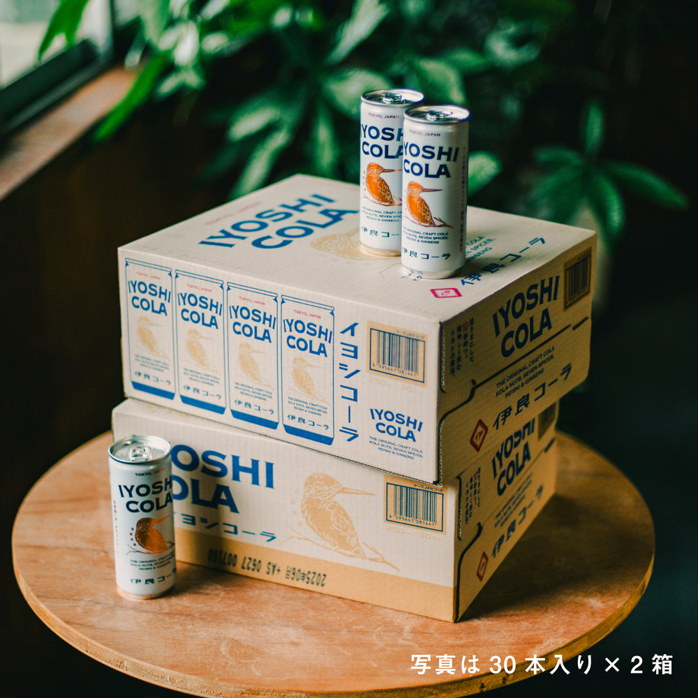 Two stacked Iyoshi Cola cardboard boxes labeled for 250ml cans, with three Iyoshi Cola cans displayed on and beside the boxes.