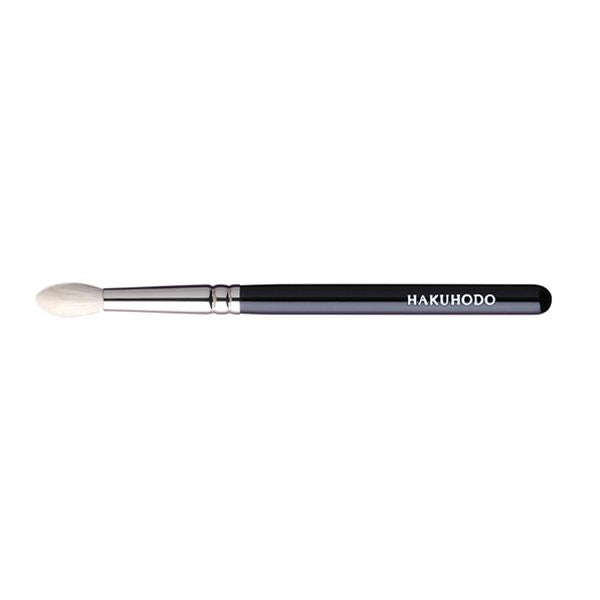 Photo of the J142 round eyeshadow makeup brush with a black handle and white bristles on a white background.
