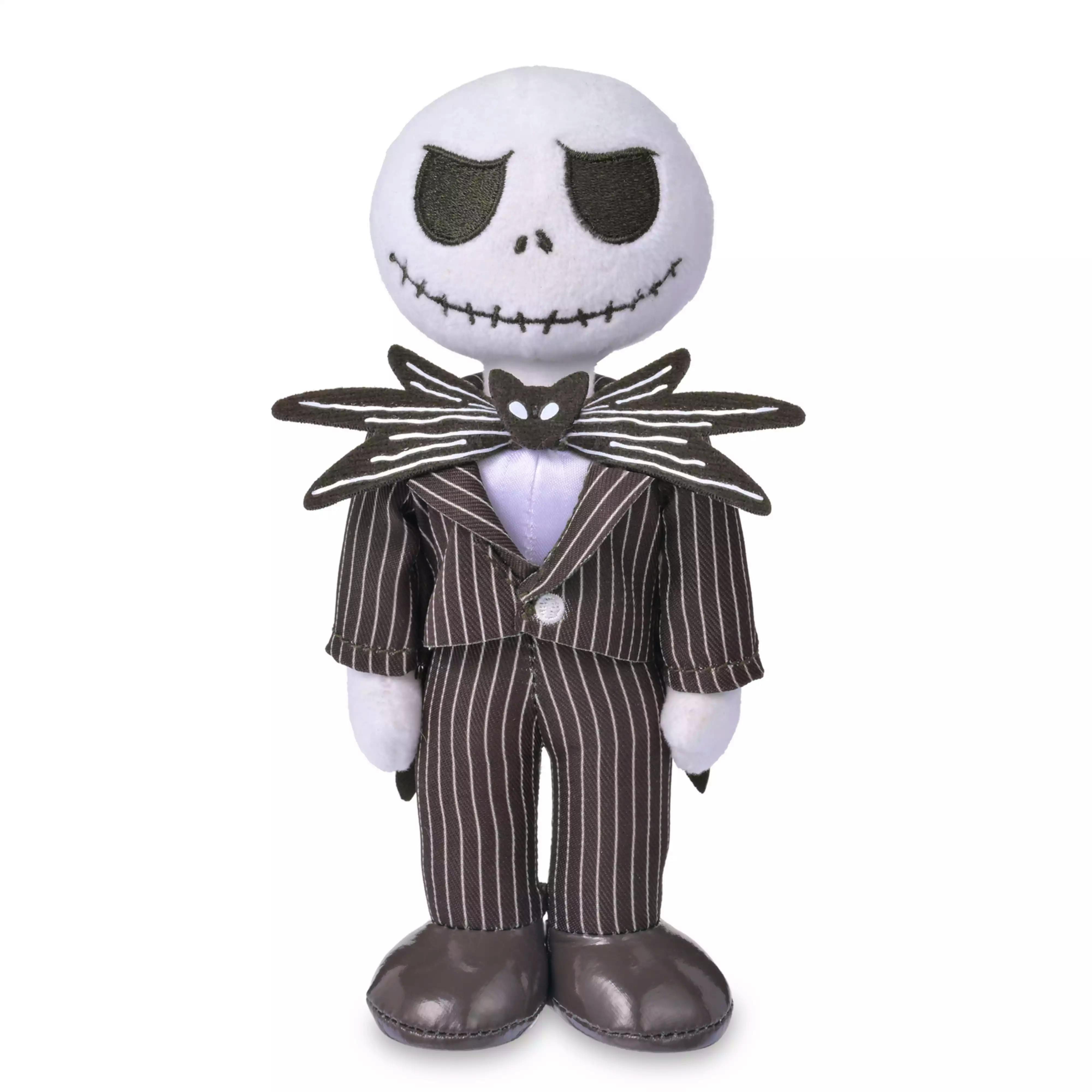 Front view of the Jack Skellington plush wearing a pinstripe suit and bat-shaped bow tie, shown head to feet.