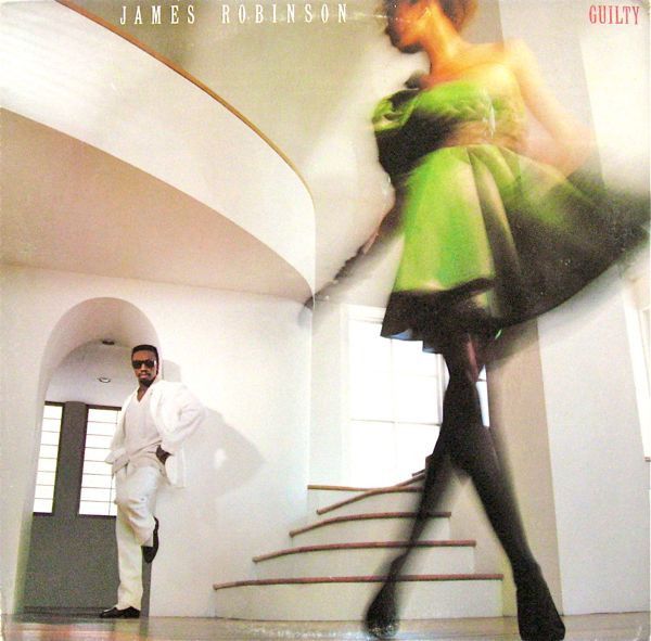 Album cover for James Robinson "Guilty" showing a man in a white suit and a blurred woman in a green dress on a staircase.