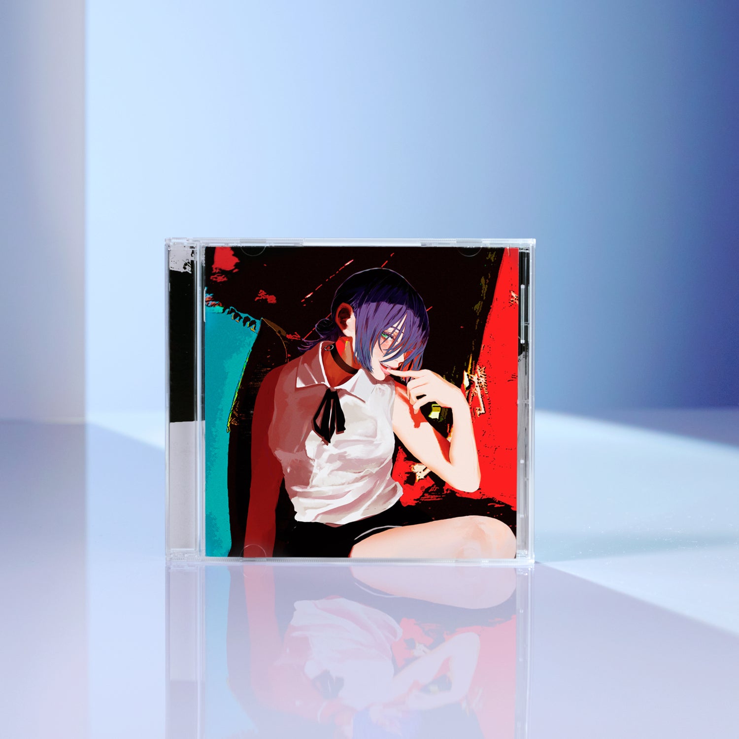 Front cover of the IRIS OUT / JANE DOE CD in a clear jewel case on a reflective surface, showing illustrated artwork of a seated person.