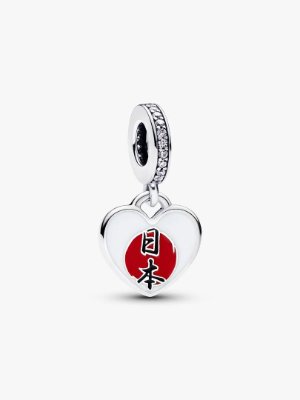 Front view of a sterling silver heart dangle charm showing a red circular inset with Japanese characters and a stone-set bail.