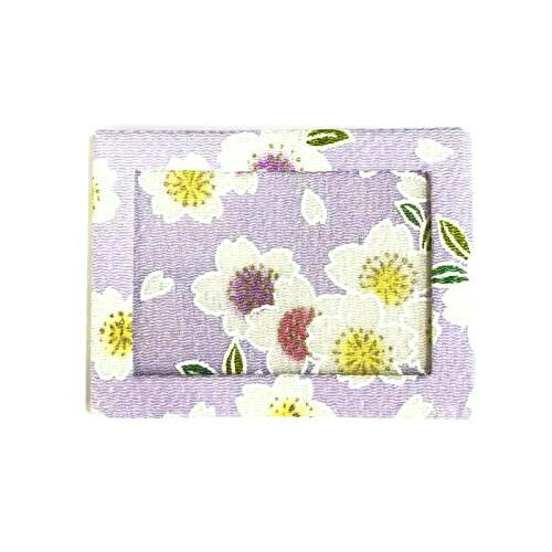 Lavender floral fabric card case with a rectangular photo window.