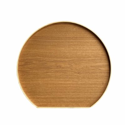Top-down photo of a wooden half-moon tray on a white background.