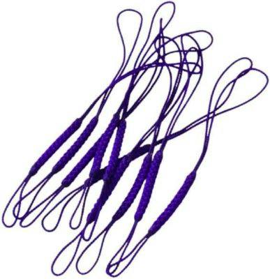 Ten purple fabric keychain straps (kumihimo-style) arranged on a white background.