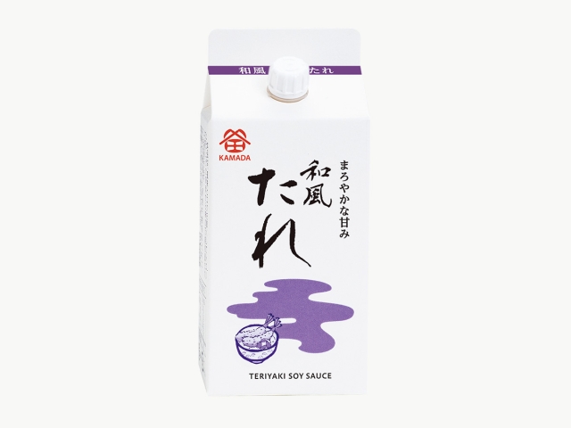 A white 200 ml carton of Japanese teriyaki soy sauce (和風たれ) with purple graphics and a screw cap.