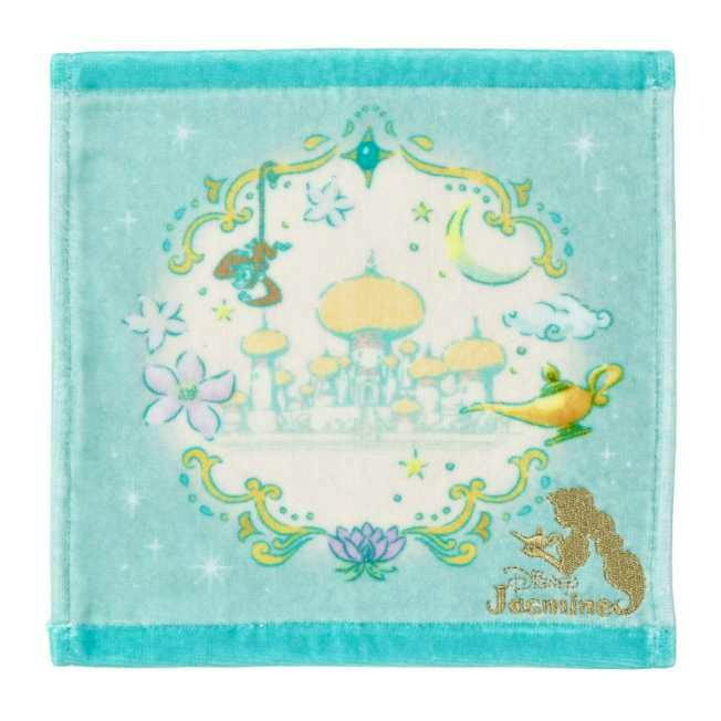 Turquoise square cotton mini handkerchief printed with a castle motif, a magic lamp, floral accents, and a gold silhouette with the name "Jasmine".