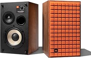 A pair of JBL L52 Classic bookshelf speakers, one with the orange foam grille attached and the other showing its woofer, tweeter, and bass port.