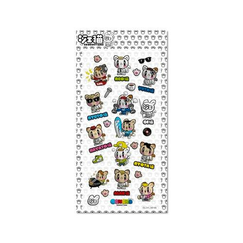 Sheet of small plastic cat character stickers on a white backing with a paw-print border.